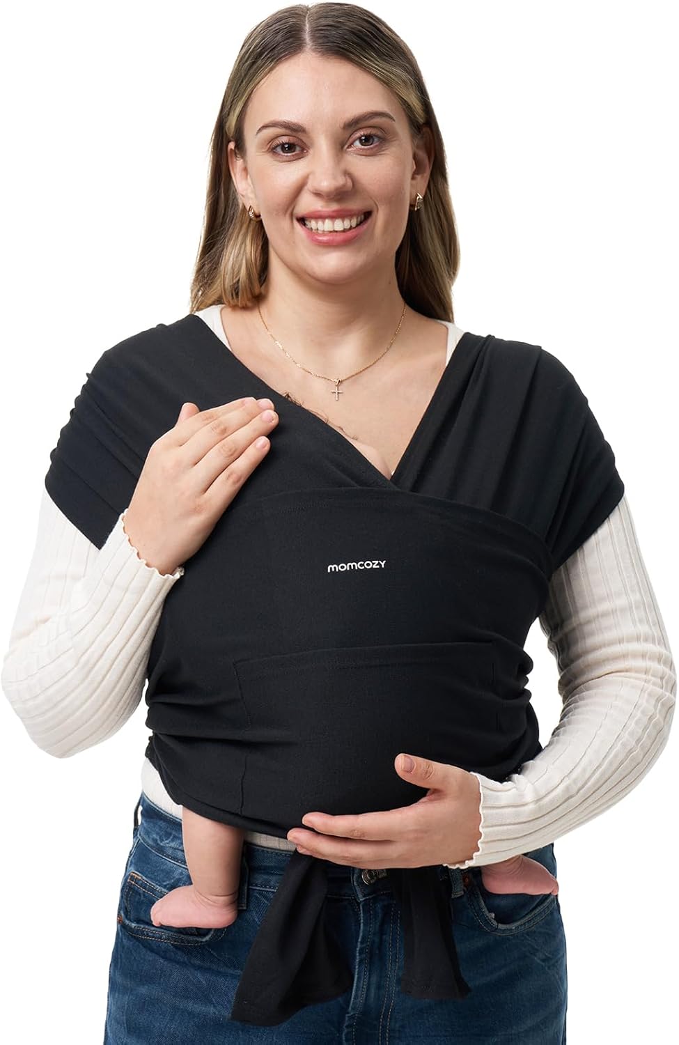 Momcozy Baby Wrap Carrier, Easy to Wear Infant Carrier Slings, Lightweight Hands Free Baby Sling, Adjustable Baby Carriers for Newborn to Toddler 8-35 lbs, Black