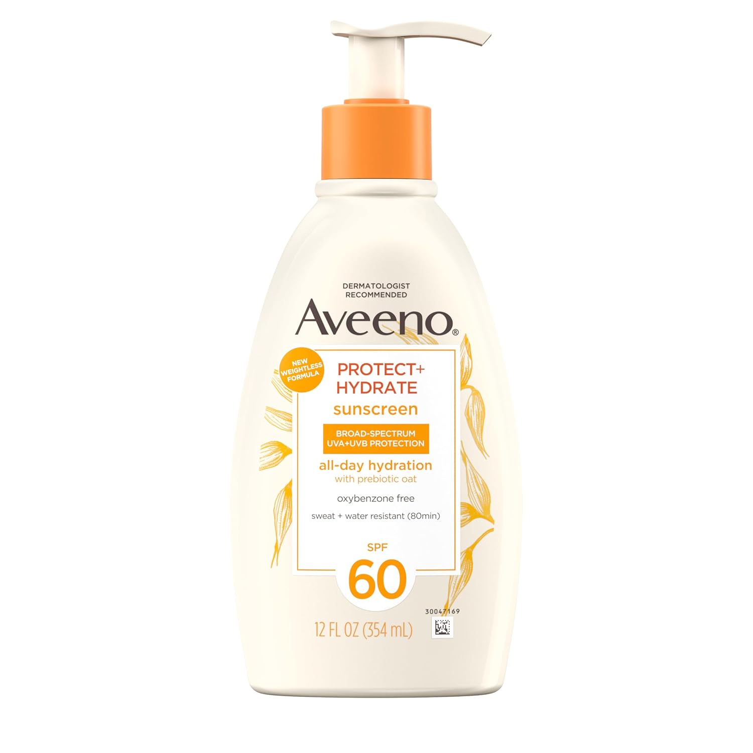 Aveeno Protect + Hydrate Sunscreen Moisturizing Body Lotion with Prebiotic Oat, Broad Spectrum SPF 60, Paraben, Oxybenzone & Oil Free, Weightless, Water & Sweat Resistant for Sensitive Skin, 12 Fl Oz