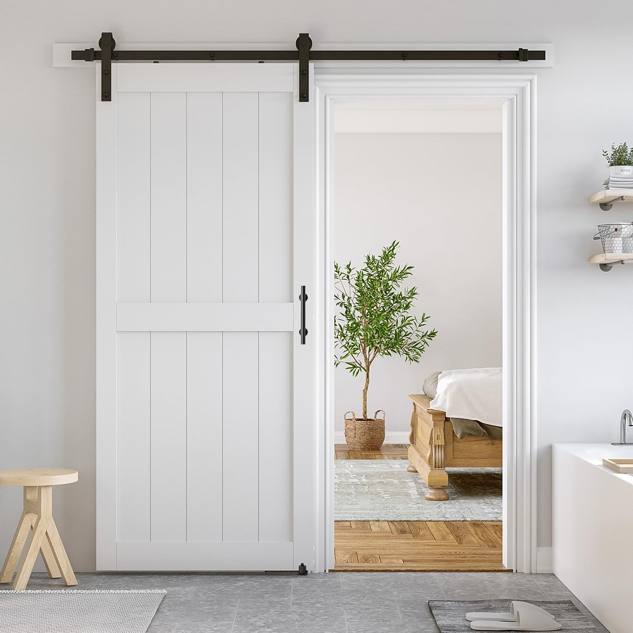 SmartStandard 36 x 84 inch White Sliding MDF Barn Door with 6.6FT Black Sliding Door Hardware Kit & Handle, Pre-Drilled Ready to Assemble, Waterproof PVC Coating, H-Frame