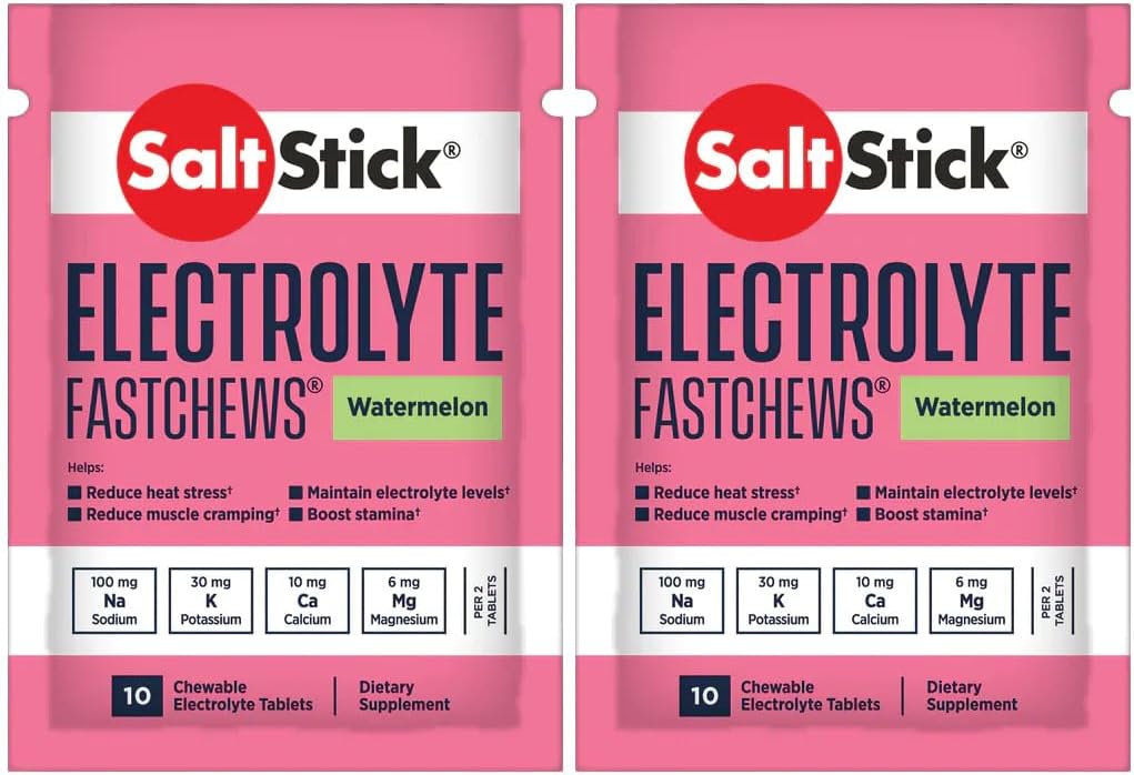 SaltStick Fastchews, Electrolyte Replacement Tablets for Rehydration, Exercise Recovery, Youth & Adult Athletes, Hiking & Sports Recovery, 2 x Packets of 10 Tablets (Watermelon)