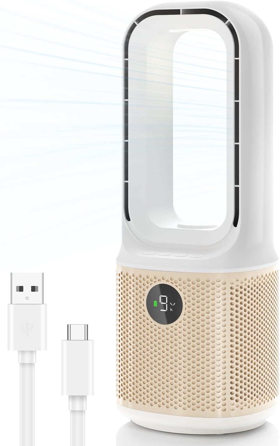 Desk Fan, Small Quiet Bladeless Fan with 9 Speed Adjustment & 3 Light Modes, 14 Inch USB Rechargeable with 5000mAh Battery, 60° Oscillating Cooling Fan for Office, Living Room, Bedroom