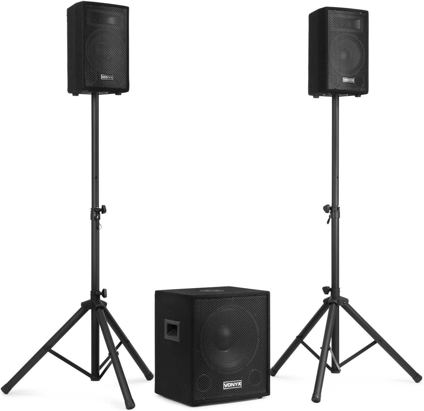 Vonyx VX0812BT 2.1 Active Speaker Kit with 12-Inch Subwoofer, Bluetooth PA System, Portable Active PA Speakers for DJs, Events, Karaoke, 800W with Speaker Stands, MP3 Player & EQ