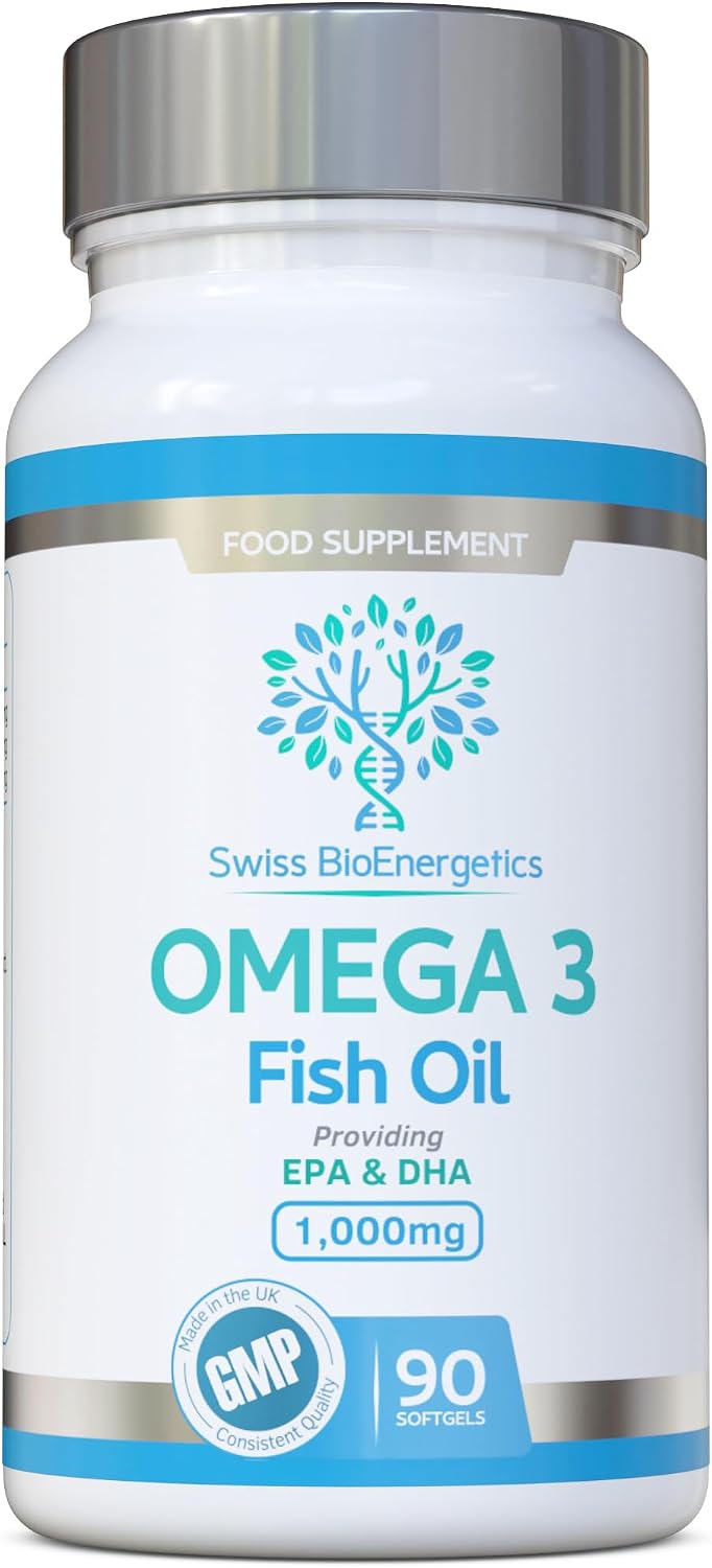 Omega-3 Fish Oil Soft Gels - Ultra Potent 1000mg, 90 Capsules - Full Strength EPA & DHA - Easy to Swallow Omega3 Fish Oils - Ultimate Joint, Heart & Brain Health Support Supplement - Made in the UK