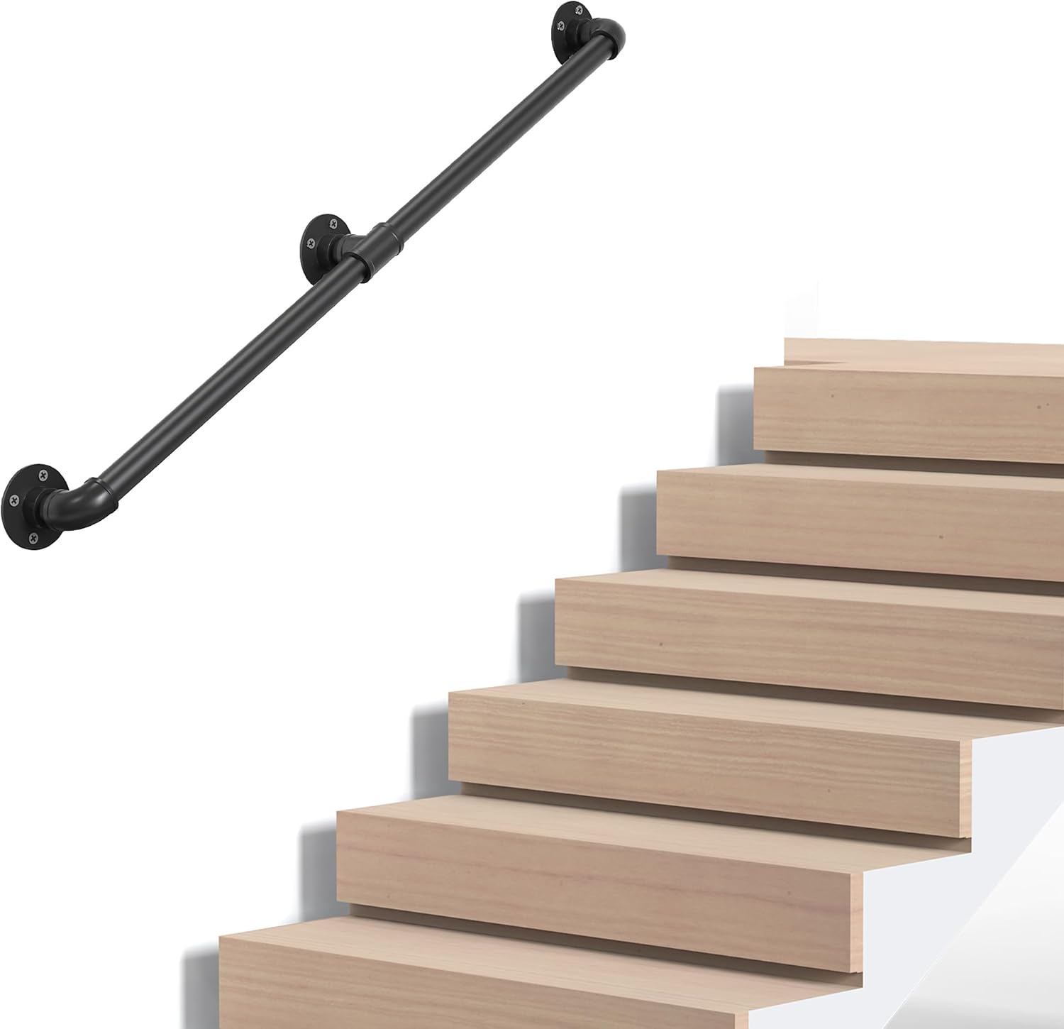 Industrial Pipe Stair Handrail, Wall-Mounted Metal Hand Rail for Indoor & Outdoor Steps, Black Galvanized Iron, Vintage Farmhouse Style, Heavy Duty Support for Stairs & Porch (Black, 4ft)