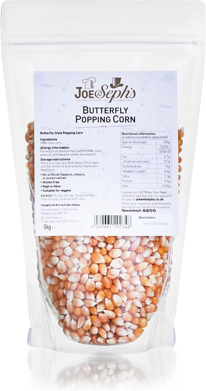 Joe & Sephs Popping Corn Kernels (1x5kg) | XXX-Large Bag, Cinema Style, Popping corn for a popcorn maker, movie night snack, unflavoured kernels, healthy snacks, DIY