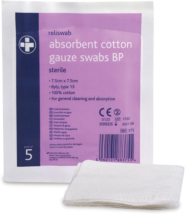 Reliance Medical Reliswab Cotton Gauze Swab - Sterile, 8 Ply, BP Cotton Material - High Absorbency Quality to Prevent Dryness & Clean Wound Surface - W.7.5 x L.7.5 cm - (4 x 5) Pack of 20
