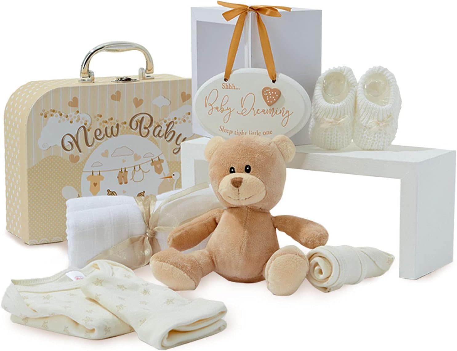 Baby Box Shop Baby Gifts Newborn Unisex - 7 Baby Gifts in a Neutral Baby Gift Set, Newborn Essentials and Baby Shower Gifts, Baby Hampers, Newborn Baby Presents, Welcome Gifts Baby Wishlist - Cream