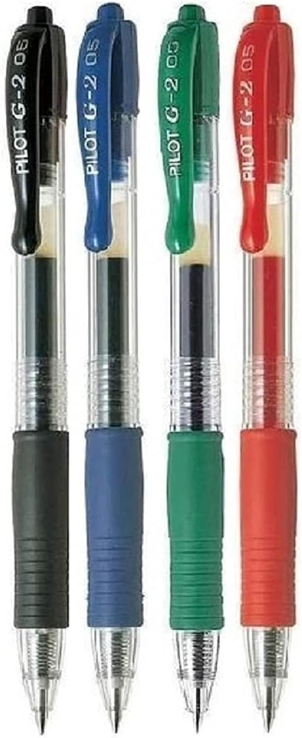 Pilot G2 Assorted Pack Retractable Rollerball Pen Pens Extra Fine Gel Ink Refillable 0.5mm Nib Tip 0.3mm Line G2-5 (1 Of Each Colour - 4 Pens - Black Blue Red Green)