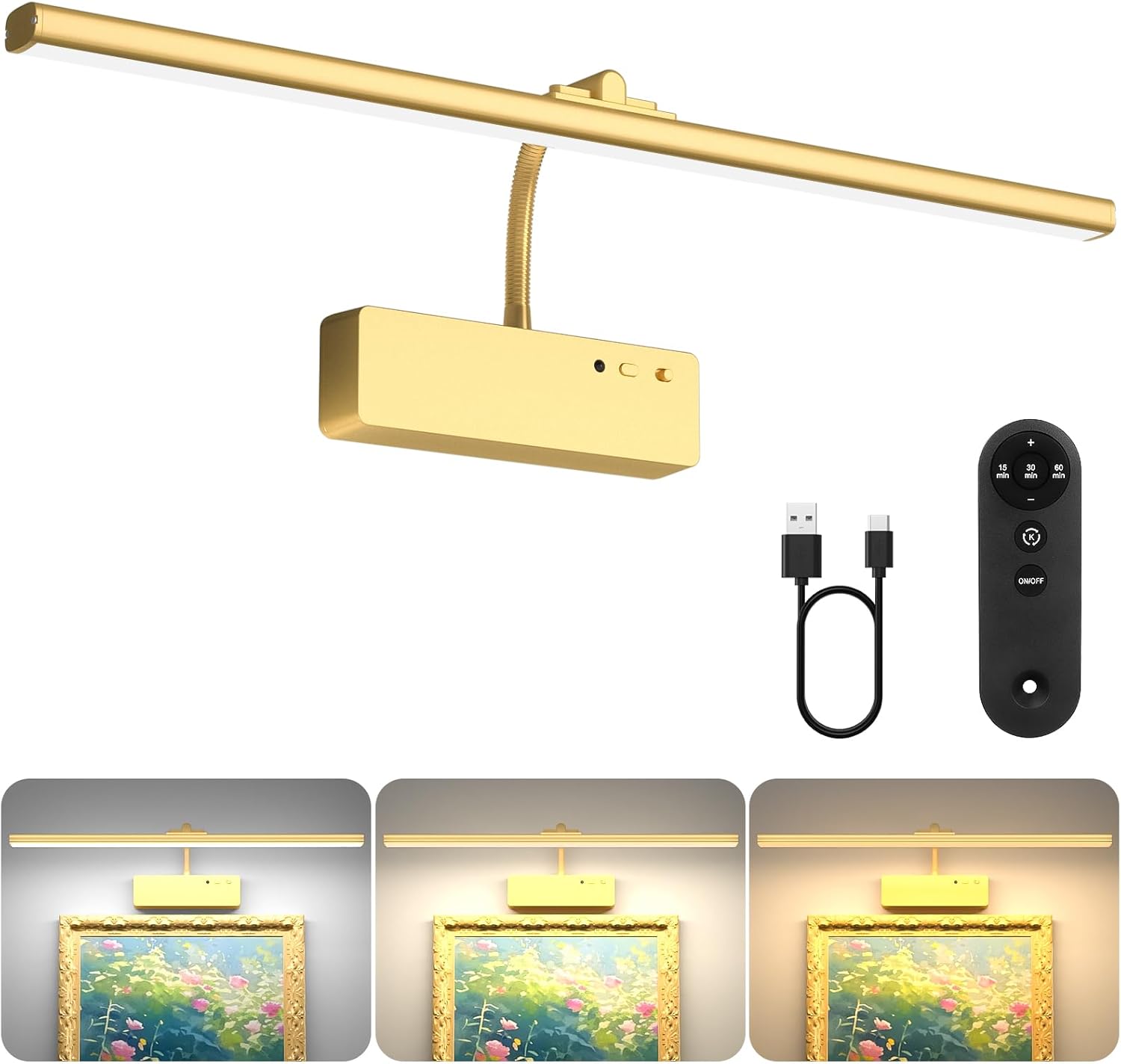 Lightbiz Picture Lights for Wall, 5400mAh Rechargeable Wall Lights with Remote, Dimmable and 3 Colour Temperatures Paintings Light Battery Operated, Art Display Lighting with Timer Function - Gold