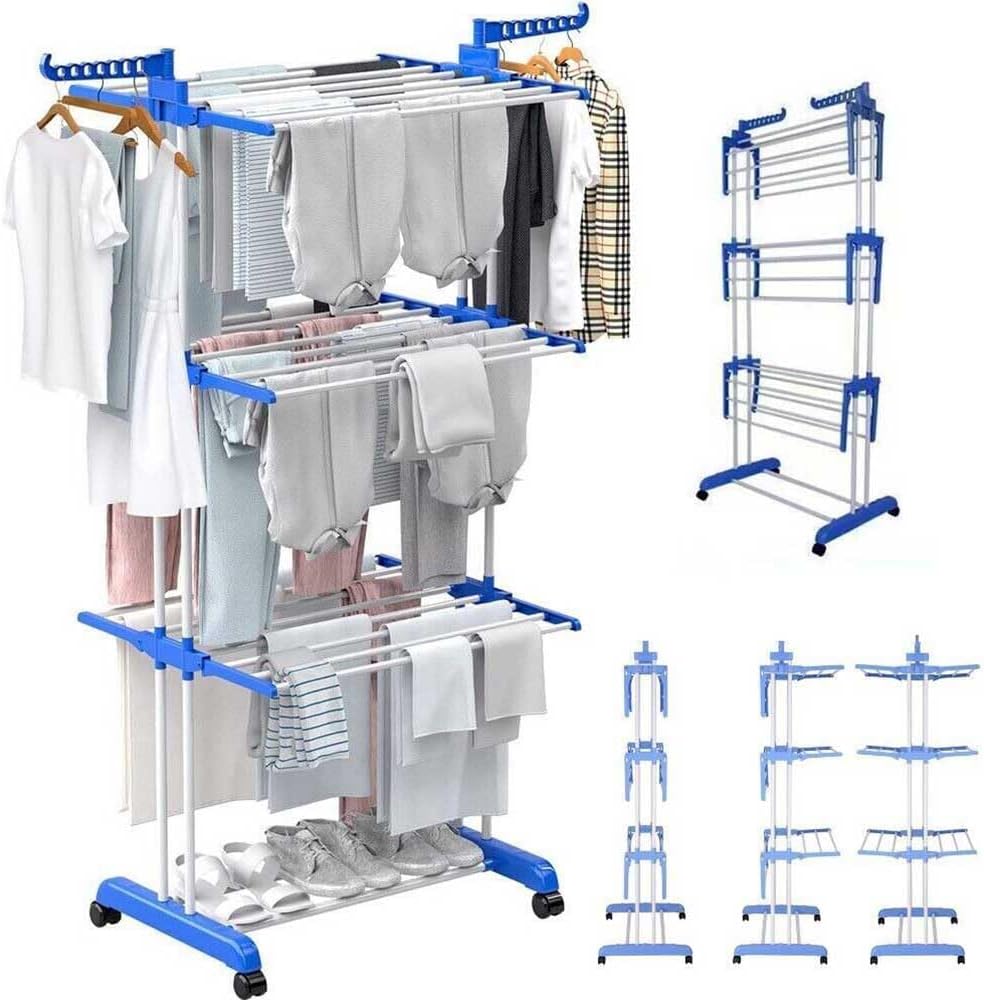 Ccarzzi Drying Rack Laundry, 4-Tier Clothes Airer Laundry Drying Rack Indoor Outdoor Use, Foldable Heavy Duty Clothes Airer Stainless Steel Stand with Universal Wheel Two Side Wings, Blue White