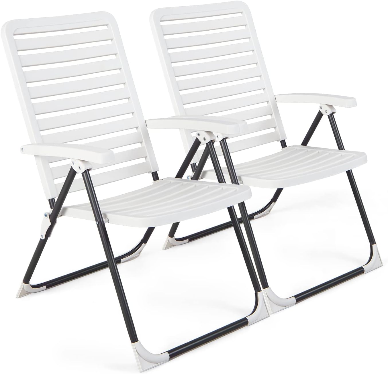 COSTWAY 1PC/2PCS Folding Garden Chairs, 7-Position Adjustable Outdoor Dining Chair, All-Weather PP High Back Recliner Patio Chair Sun Lounger for Lawn, Deck, Beach and Poolside (2PCS, Two-fold, White)
