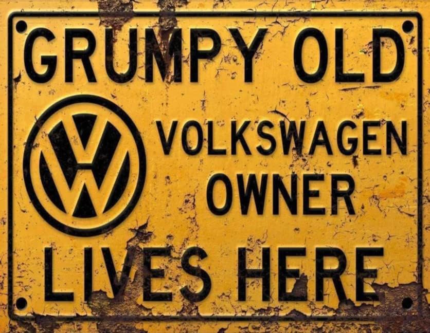 BigBazza Vintage Rustic Advertising Retro Wall Tin Plaque 20x15cm - Pub Shed Bar Man Cave Home Garage Kitchen Gift Metal Sign - Grumpy Old inspired VOLKSWAGEN VW Owner Lives Here, yellow
