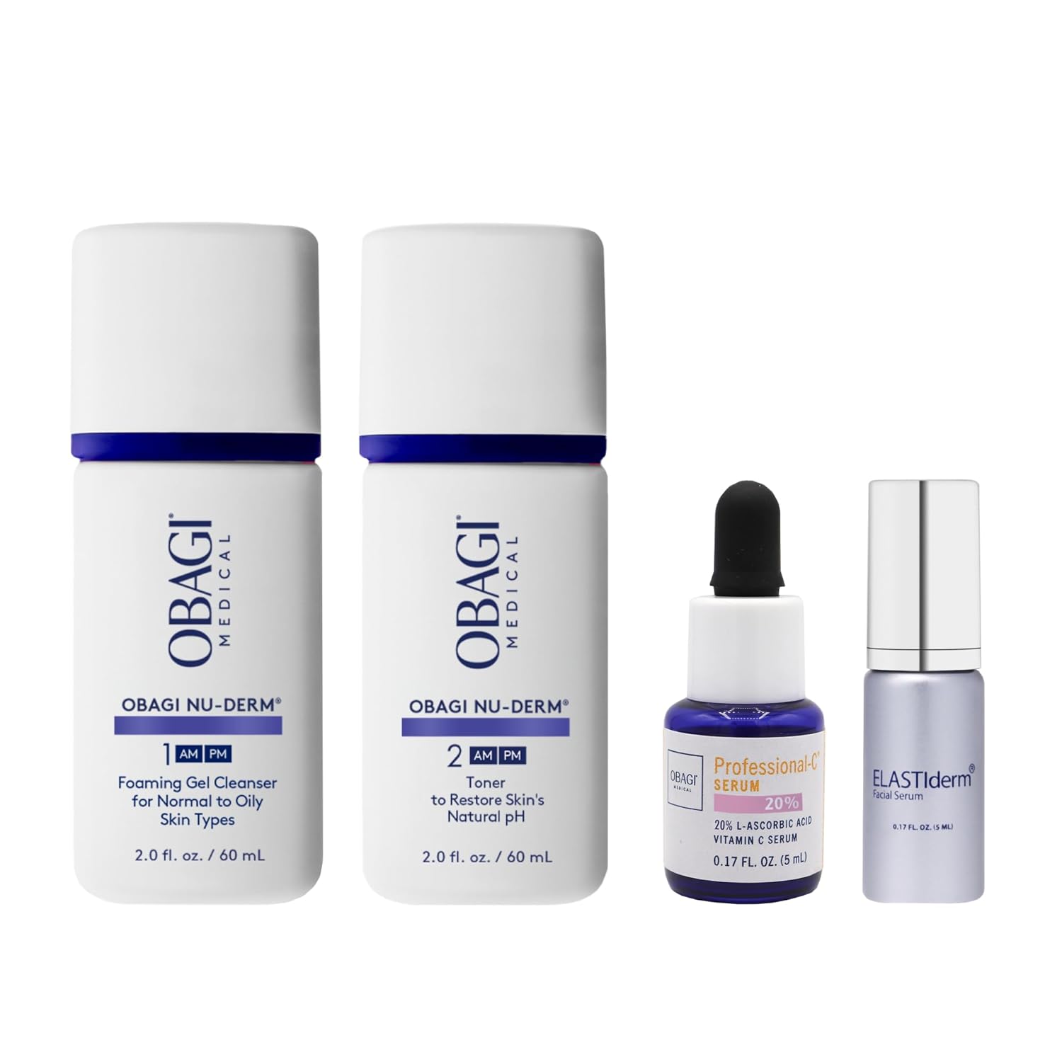 Obagi Bestsellers Travel Skincare Set – Travel Friendly, Anti-Aging Skincare Gift Set for All Skin Types; Includes Facial Cleanser 2oz, Toner 2oz, Vitamin C Serum .17oz & Firming Facial Serum .17oz