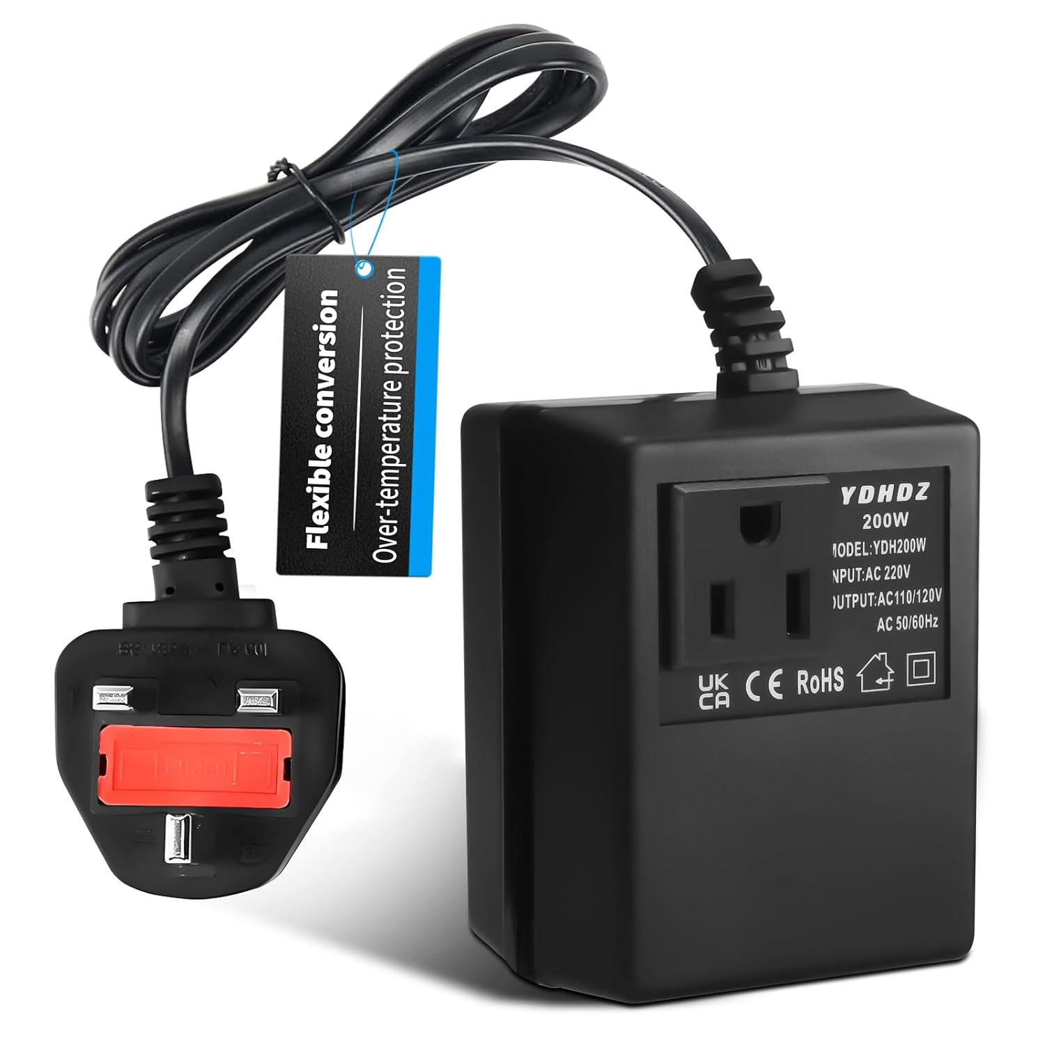 200W Step-Down Power Supply voltage converter 220V/240V to 110V/120V(UK Plug), Smart and Efficient Temperature-Protected Adapter, Suitable for WiFi, POS Machines and Power Bank (black)