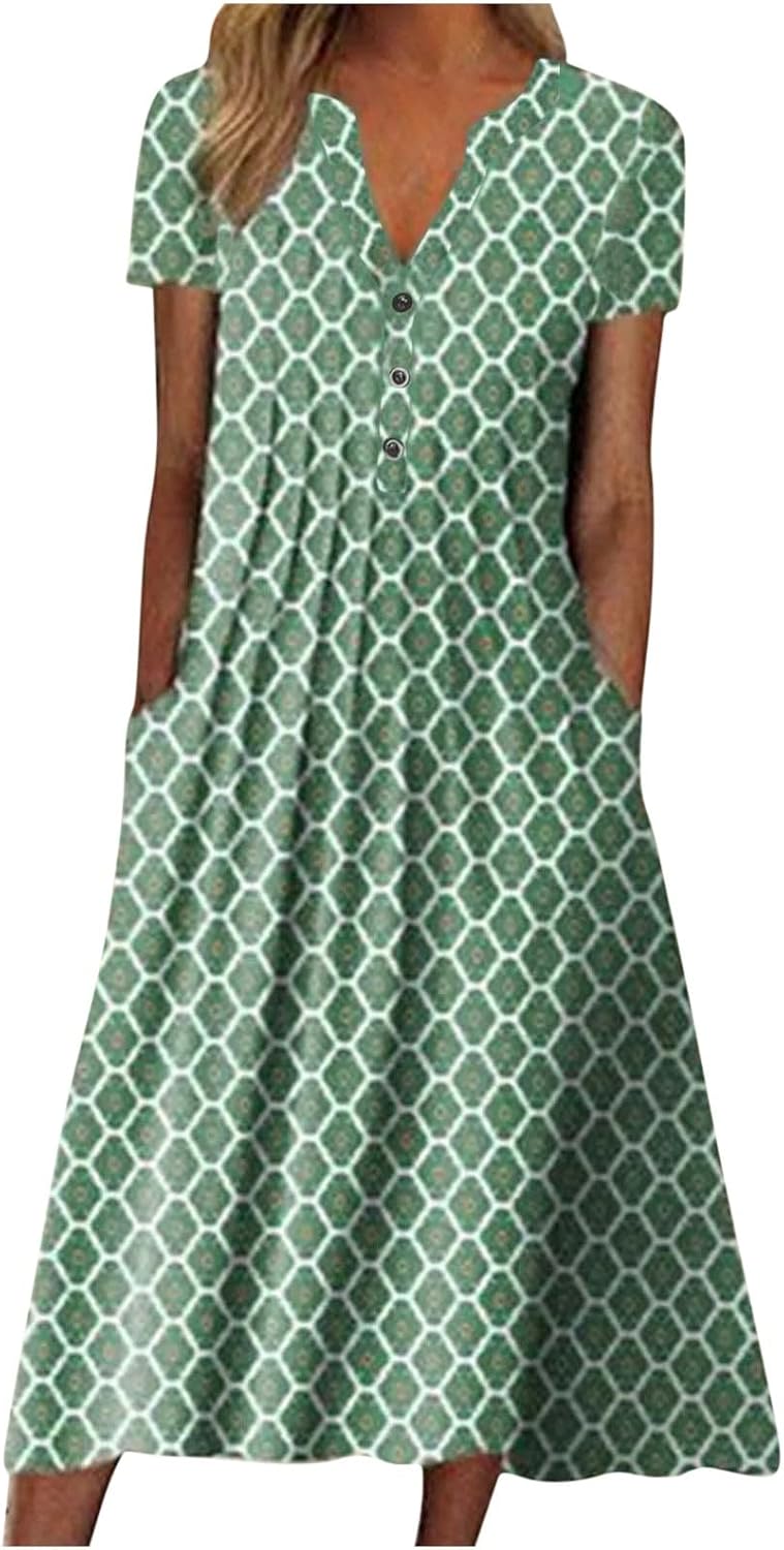 AMhomely Summer Dress for Women 2023 Clearance Causal V-Neck Button Short Sleeve Vacation with Pockets Dress UK Ladies Printing Dress Party Elegant Beach Dress Club Cocktail Work Dresses
