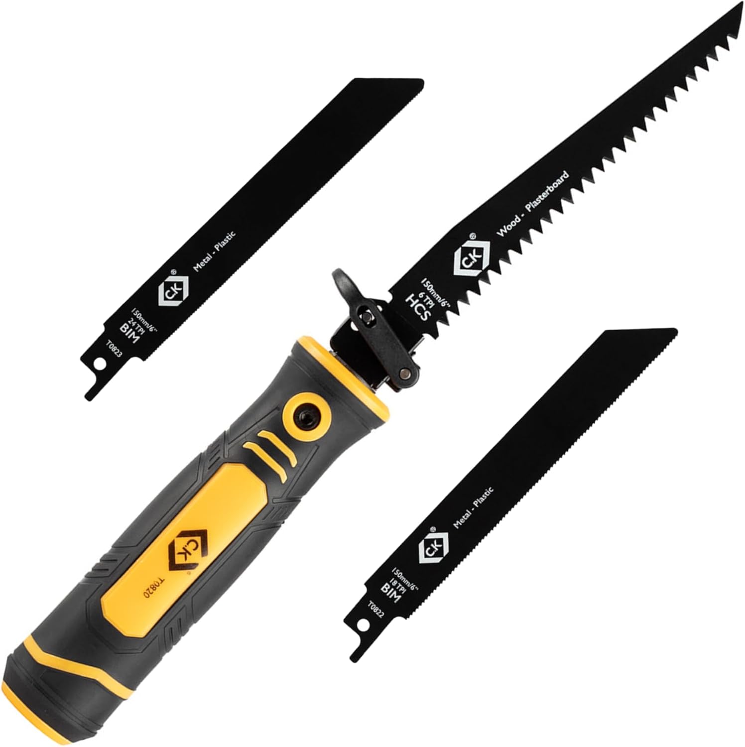 C.K Tools Multi Hand Saw 4pc Kit, Universal Quick Change Handsaw with 3 Blades for Wood, Metal, Plasterboard & Plastic, Reciprocating Jab Sawing Set, Cutter Tool for Garden, Recip Drywall Saw CK T0820