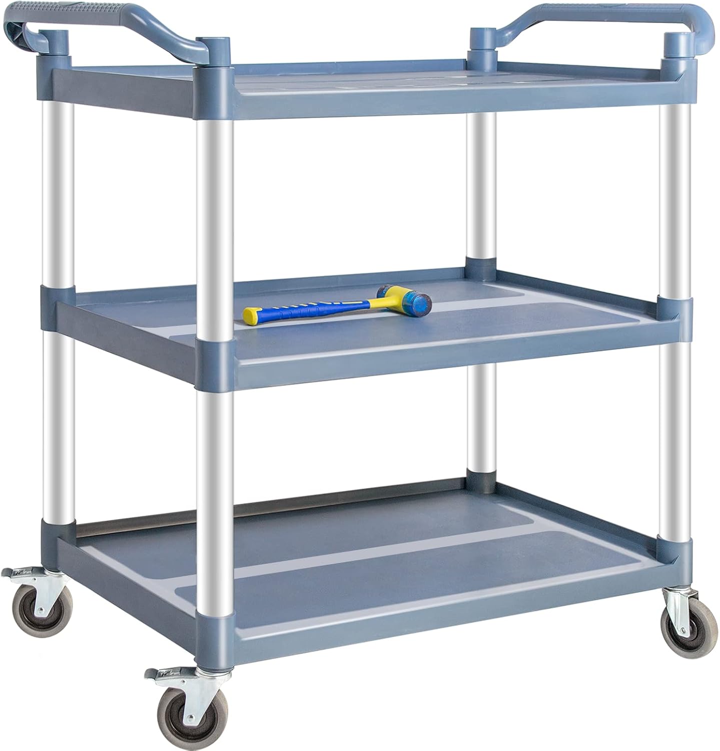 Plastic Utility Carts with Wheels, 3-Tier Medium Size Restaurant Food Cart, Heavy Duty 510lbs Capacity Rolling Service Cart w/Hammer for Commercial, Kitchen, Office (Lockable Wheels, M-Grey)