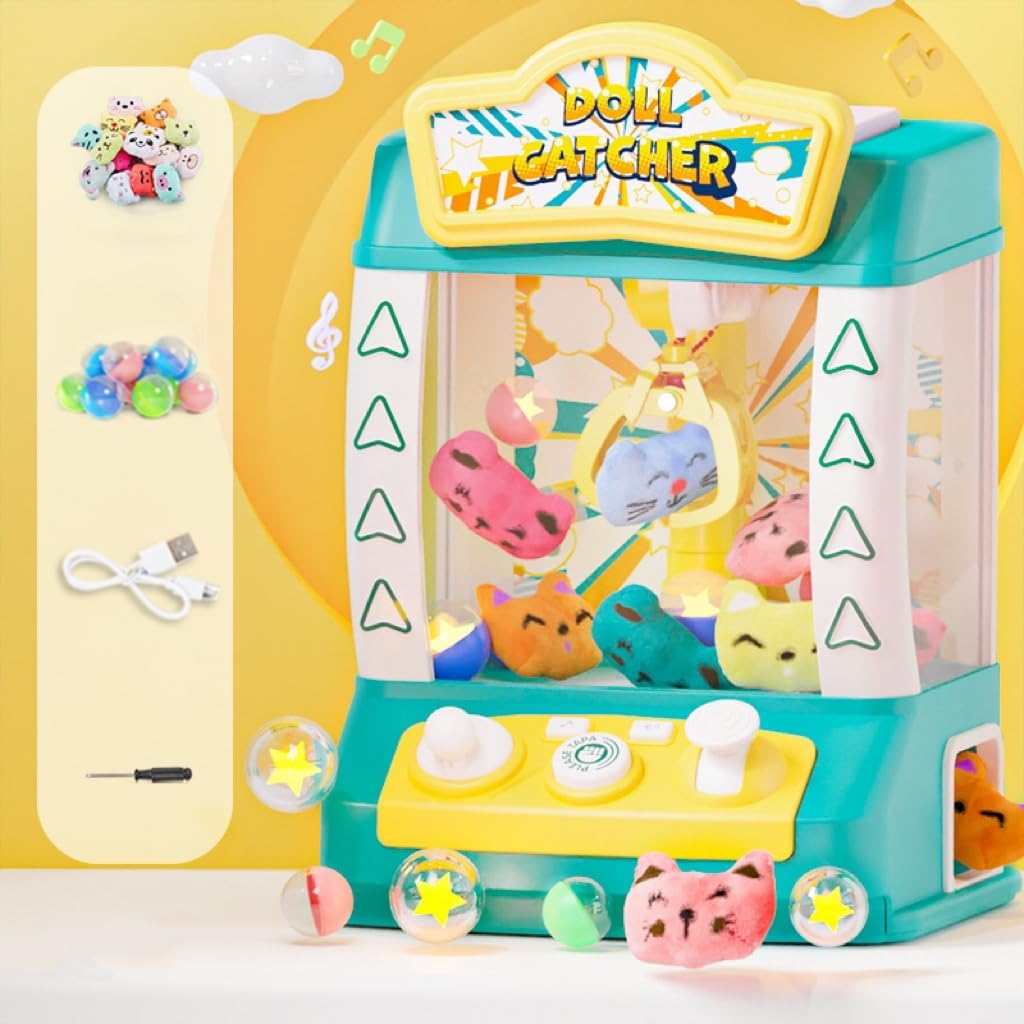 XQLY Claw Machine for Kids, Mini Vending Machines, Electronic Arcade Claw Game Machine for Party Birthday Gifts with Lights Sound & 20 Mini Plush Toys 10 Twist Eggs (Green)