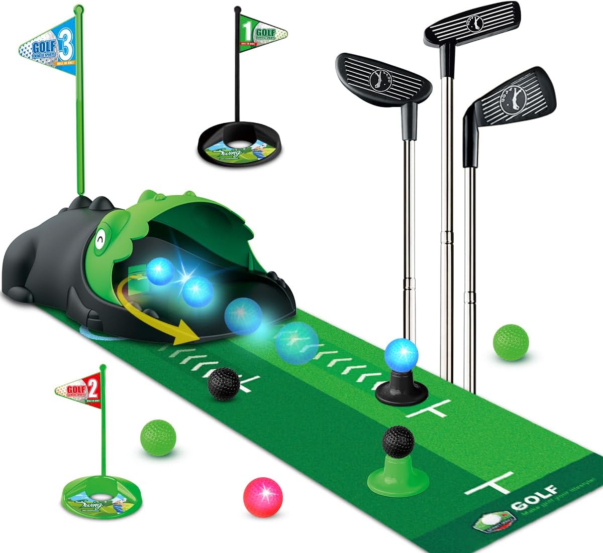 Upgraded Kids Toy Golf Set with Dinosaur Automatic Golf Returner, Led Light Up Night Golf Balls, 3 Clubs, Putting Mat, 3-8 Toddler Mini Golf Games, Indoor Outdoor Sports Toys for Boys Girls