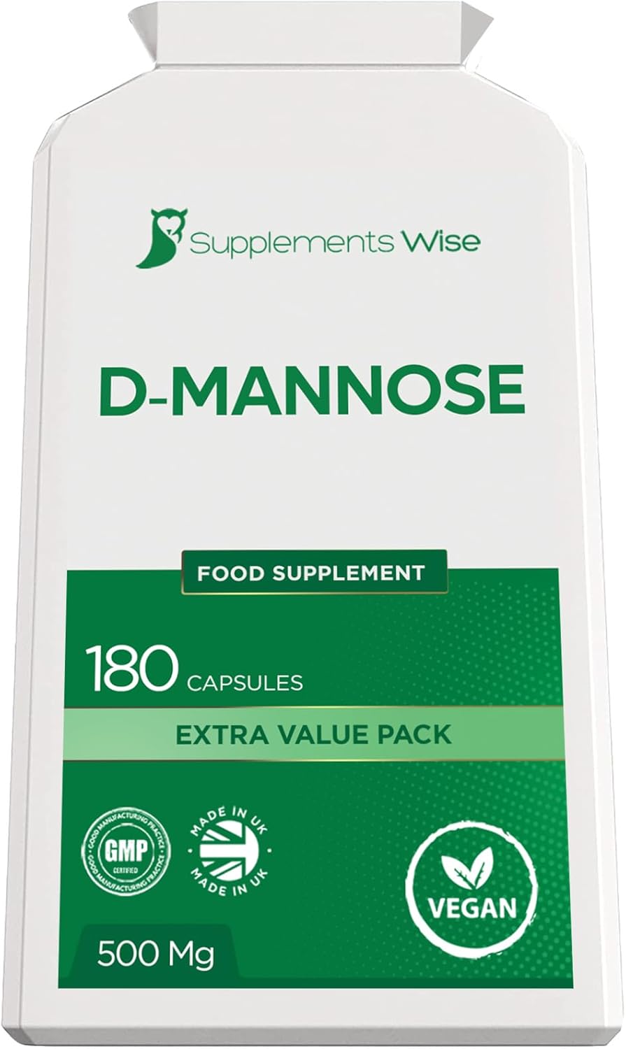 D-Mannose Capsules - 500mg x 180 - Cystitis Treatment for Women and Men - Urinary Tract, UTI and Bladder Support - 1500mg Dmannose Powder Per Serving - D Mannose for UTI and Water Infection Relief