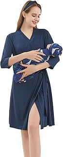 Galabloomer Maternity Robe and Baby Receiving Blanket, Matching Mommy Labor Delivery Robe and Swaddle Set Navy blue