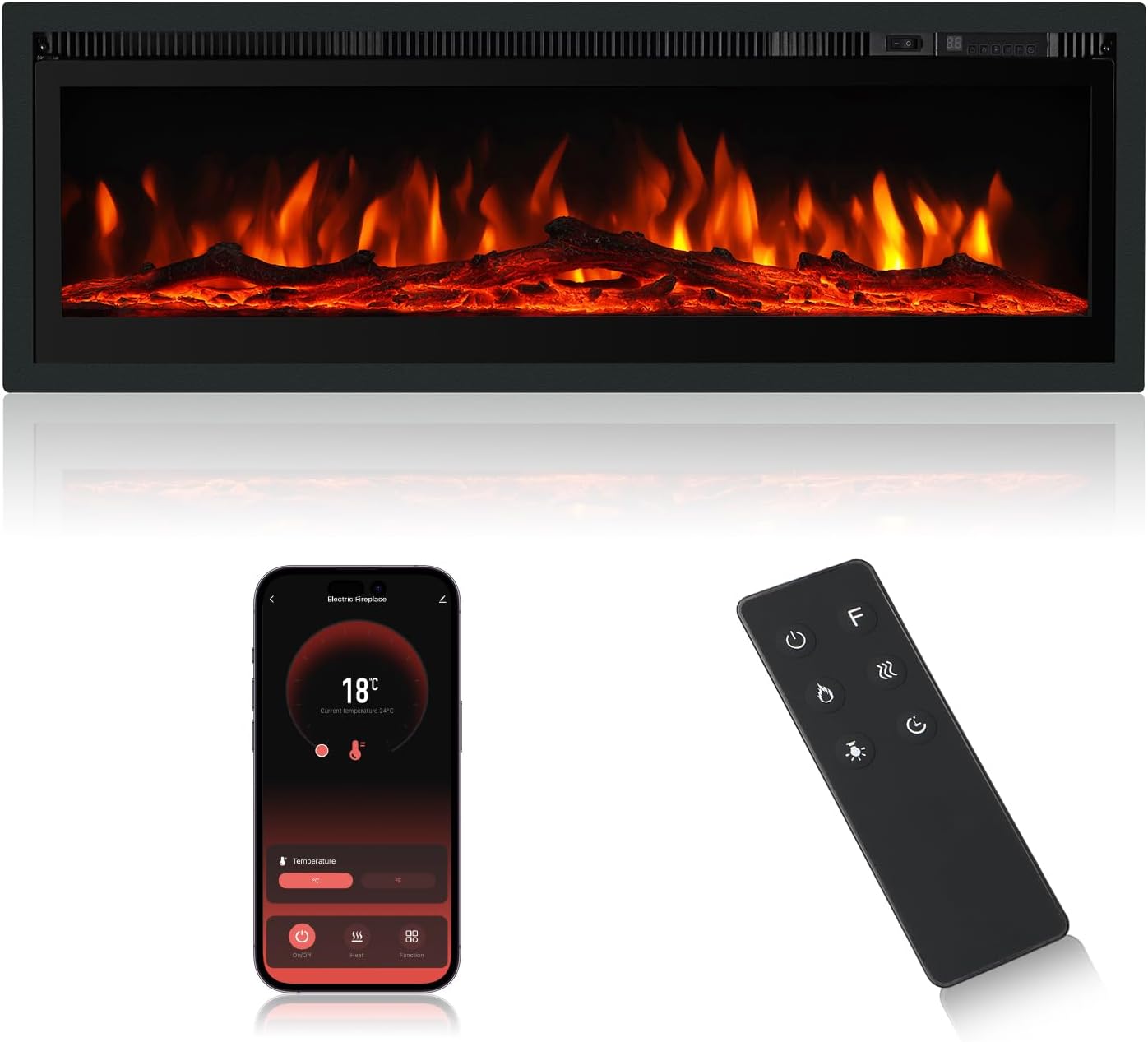 40" Smart WIFI Inset Wall Mount Freestanding Electric Fireplace with Crystal and Logset, Room Heater with 9 Flame Colors, Black. (102CM-WIFI)