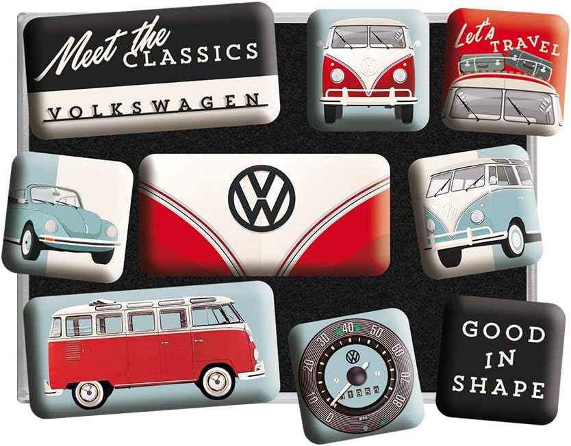 Nostalgic-Art Retro Fridge Magnets, 9 Pieces, VW – Meet The Classics – VW Bus Gift idea, Official License Product (OLP), Magnet Set for Notice Board, Vintage Design