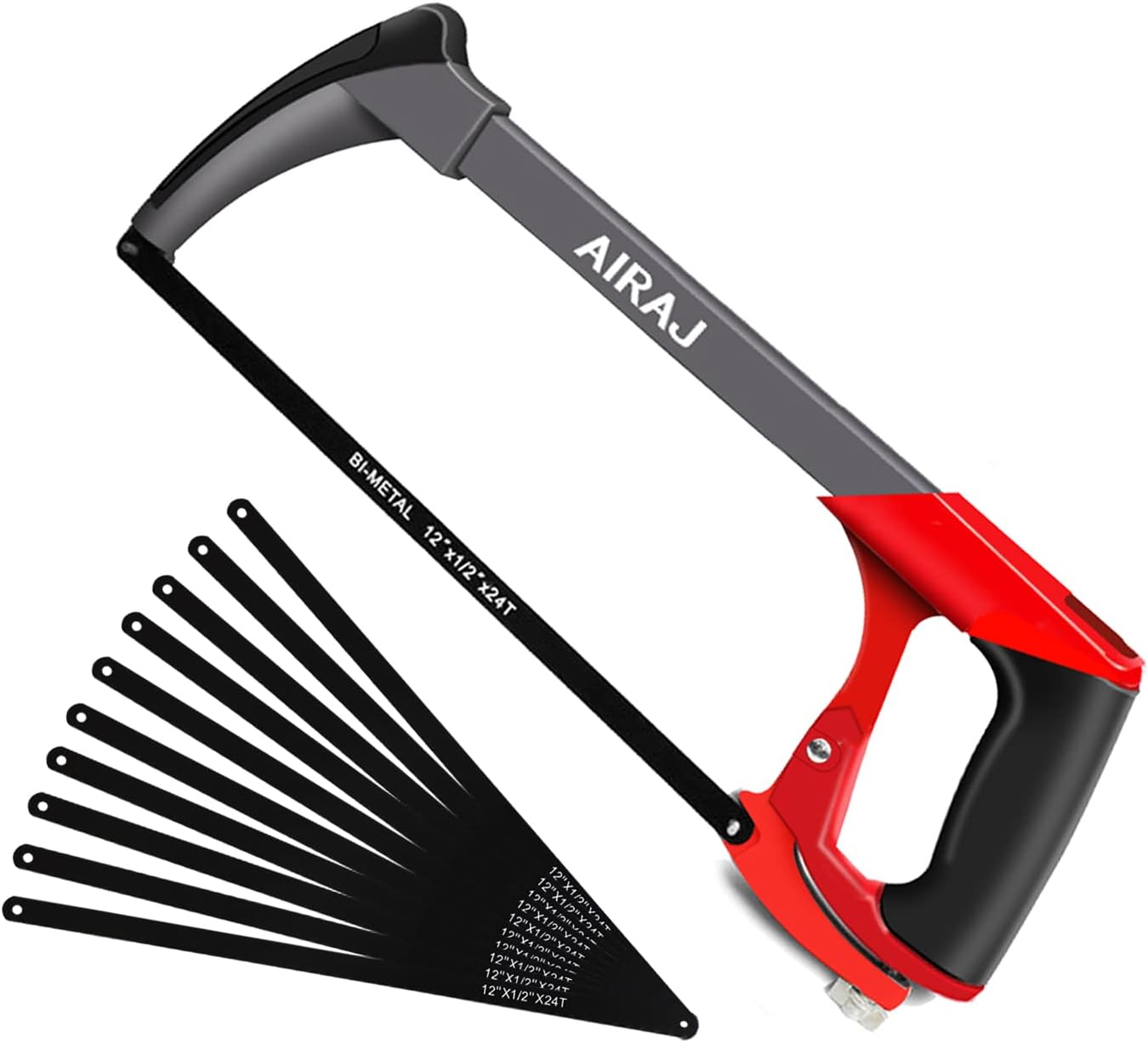 AIRAJ Multifunctional Hacksaw Frame with Adjustable Tension and 10 Saw Blades,Two Sawing Angles (45°/90°) Saw.Multi-Purpose Heavy Duty Hand Handsaw Set for Plastic, PVC Pipe,Tile, Metal