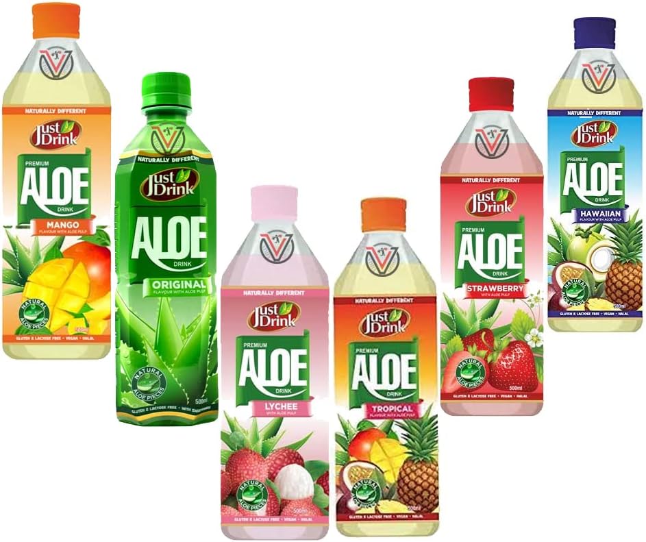 Just Drink Aloe 6 Mixed 500ml Bottles (Strawberry, Mango, Original, Tropical, Lychee, Hawaiian, Summer Berries)