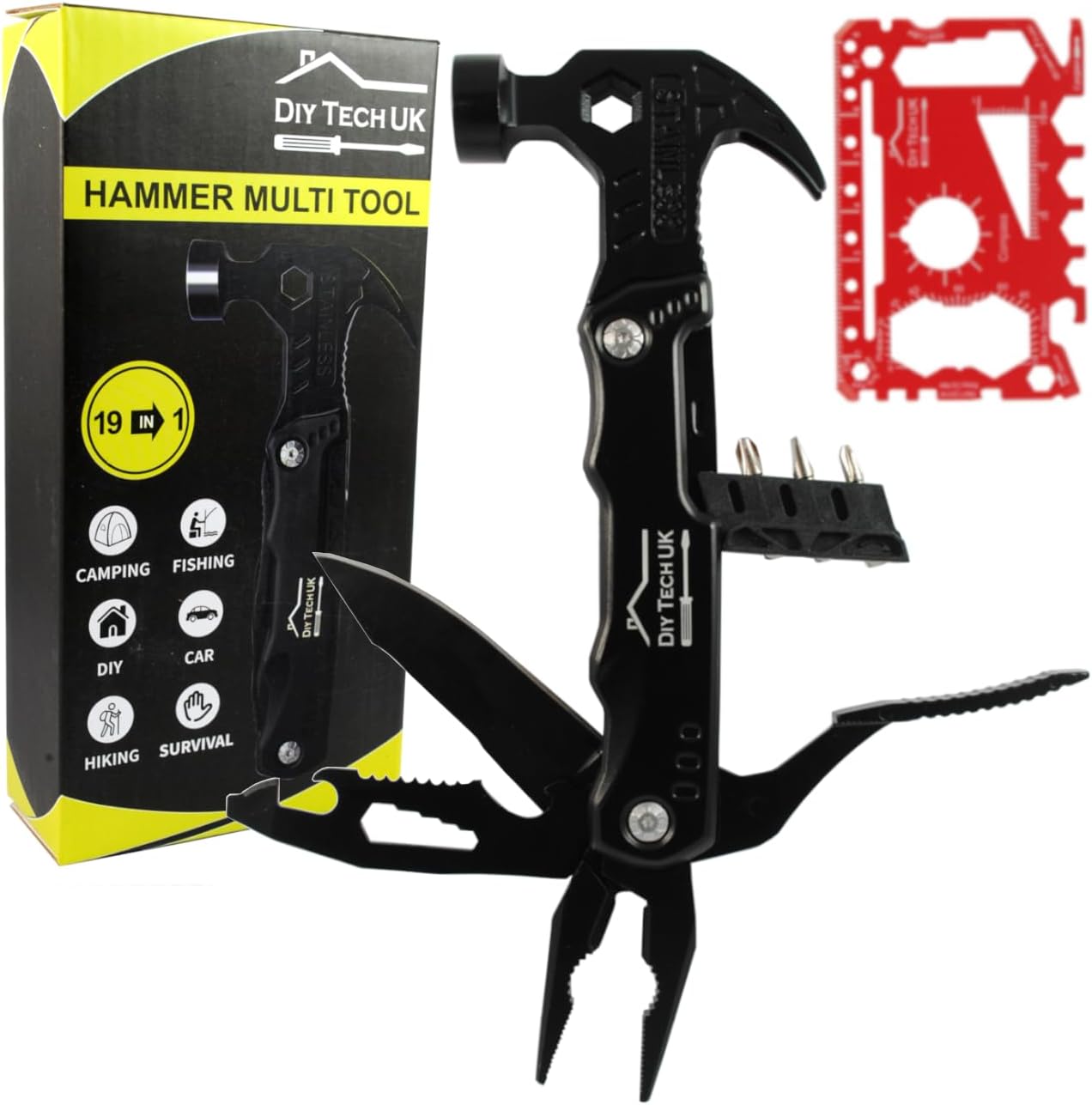 DIY TECH UK - Multitool Gadget Gifts for Men - 19 in 1 Hammer, Pliers, Screwdriver and More + Free 48 in 1 Wallet Tool - Valentines Day Gifts - Christmas Birthday Him Who Has Everything Women Camping
