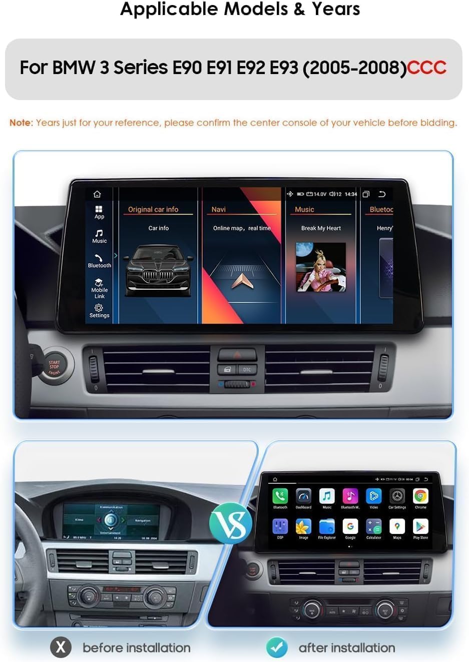 10.33 inch 8-core car Radio for BMW 3 Series E90 E91 E92 E93 CCC 2005-2008 Android car Stereo Supports SWC, Bluetooth/WiFi, Wireless carplay&Android auto, reversing Camera&Radar, 2USB