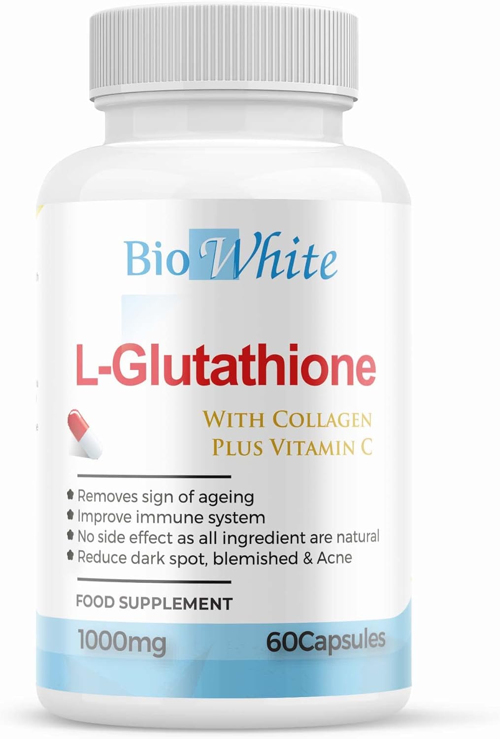 Bio White Glutathione Supplement - Natural Skin Whitening Anti-Aging Benefits and Improves Immunity, L-Glutathione Pills for Men & Women - Pure Antioxidant, 60 Capsules (1000mg)
