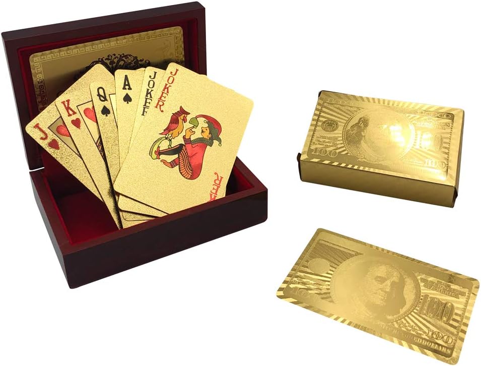 Yuanhe Gold Deck of Cards - Waterproof Playing Cards Luxury Playing Cards with Wooden Gift Box,Great for Poker Cards Game, Game Nights and Casino Party