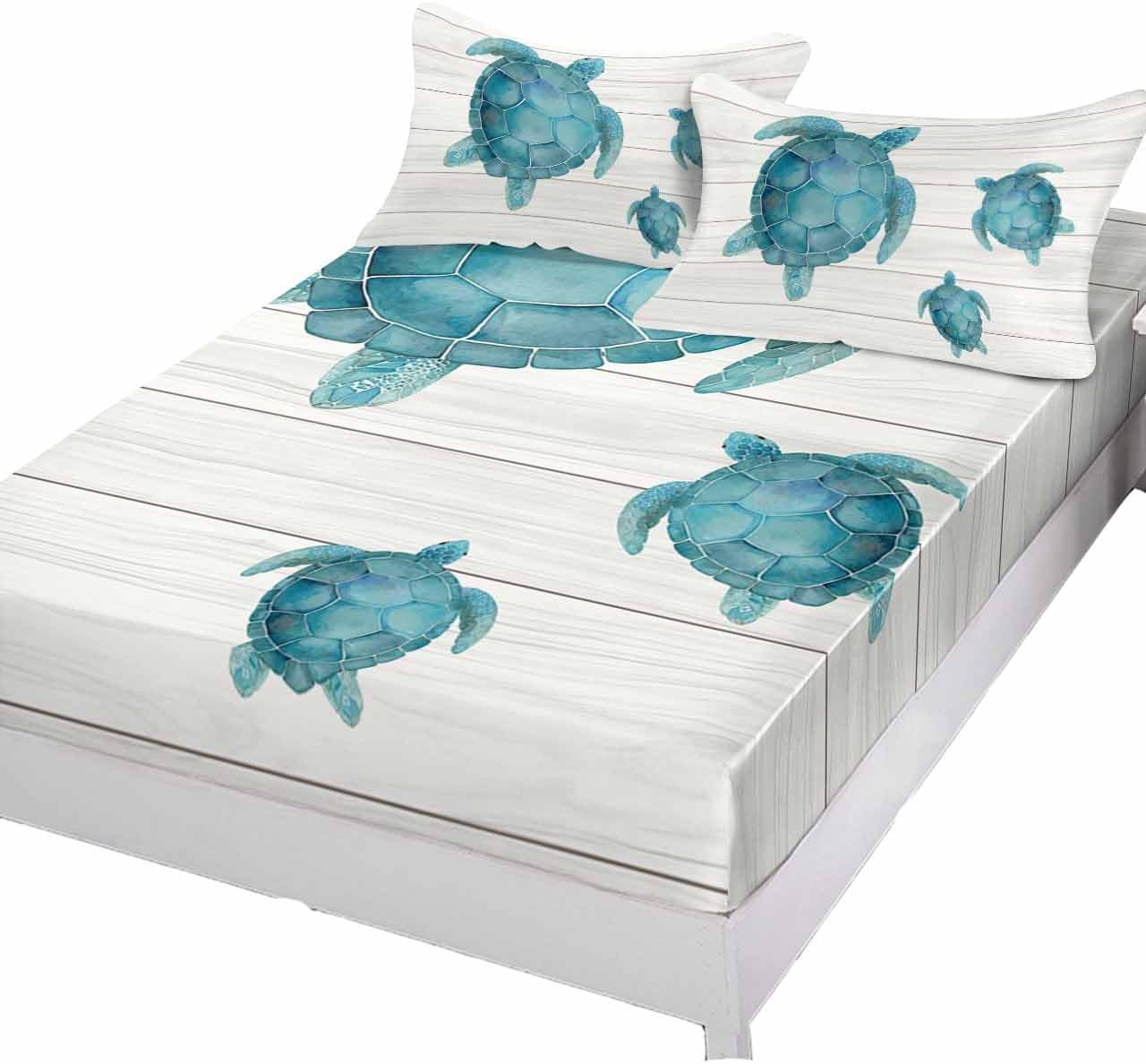 Fitted Sheets Elastic Deep Pocket Bed Sheet Cal King, Teal Blue Sea Turtle on Wood Board Soft Bed Sheets Set,Ocean Animal Mattress Cover Up Hotel Luxury Fitted Sheet Pillowcase for Bedroom