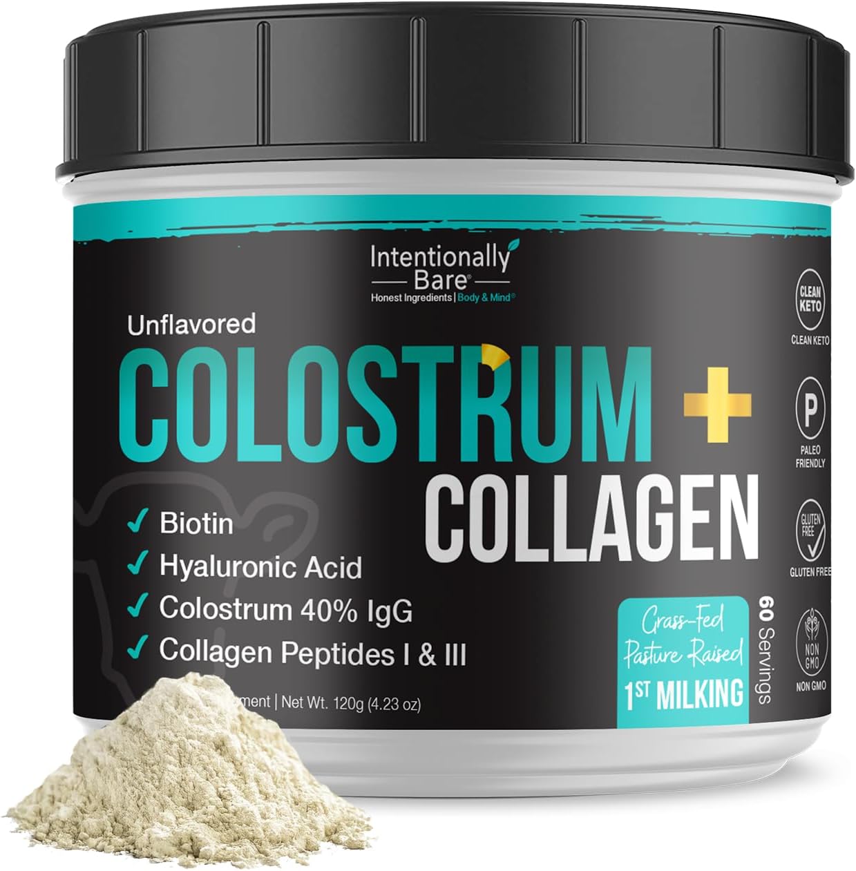 Intentionally Bare Colostrum and Collagen Powder - Colostrum Supplement with Biotin and Collagen Peptides - Colostrum Powder for Skin, Joint & Gut Health - Unflavored Collagen Supplements 60 Servings