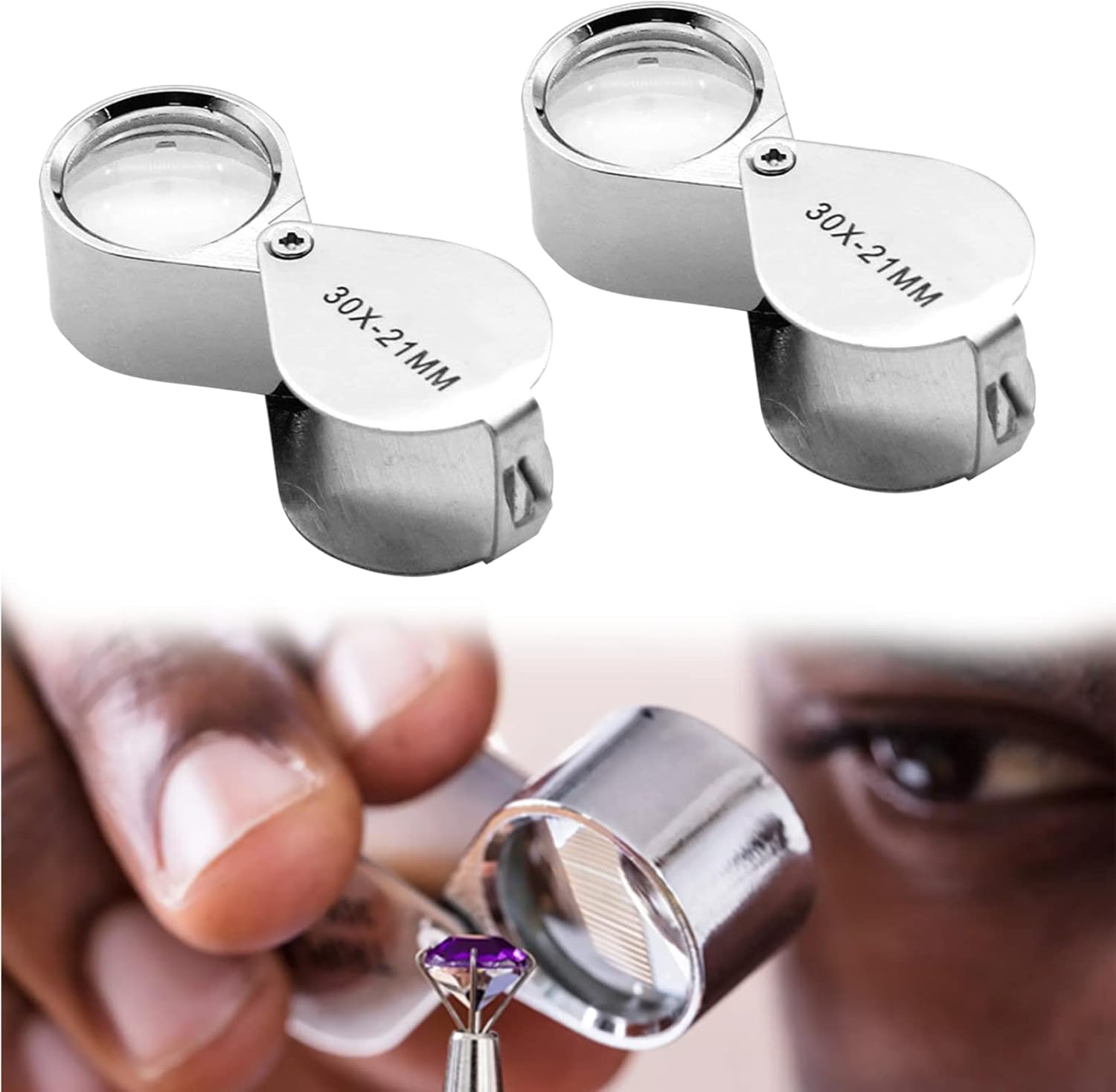 2PCS Pocket Jewelry Loupe, 30x Magnifying Glass Folding Pocket Metal Magnifying Glass for Reading Coins, Diamonds, Jeweller, Stamps with 21 mm Diameter Jewelers Eye Magnifying Glass Magnifier