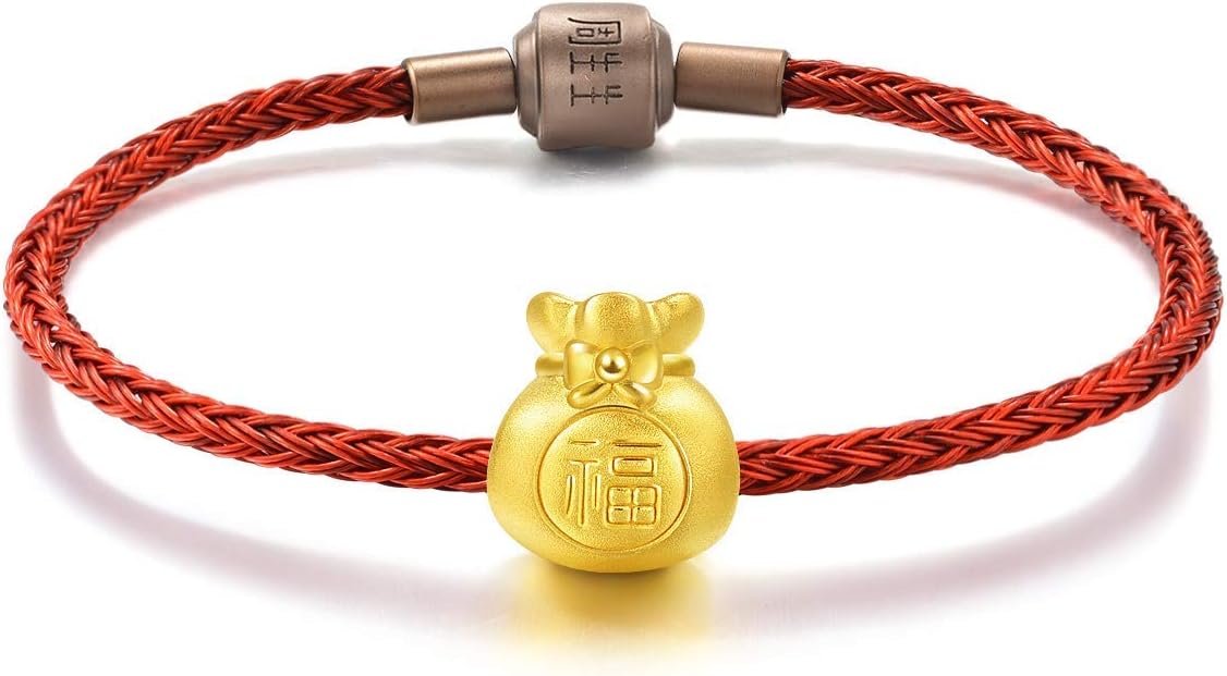 CHOW SANG SANG 999 24K Solid Gold Blessing Bracelet, Fortune Bag Charm Red Bracelet for Women 89197C