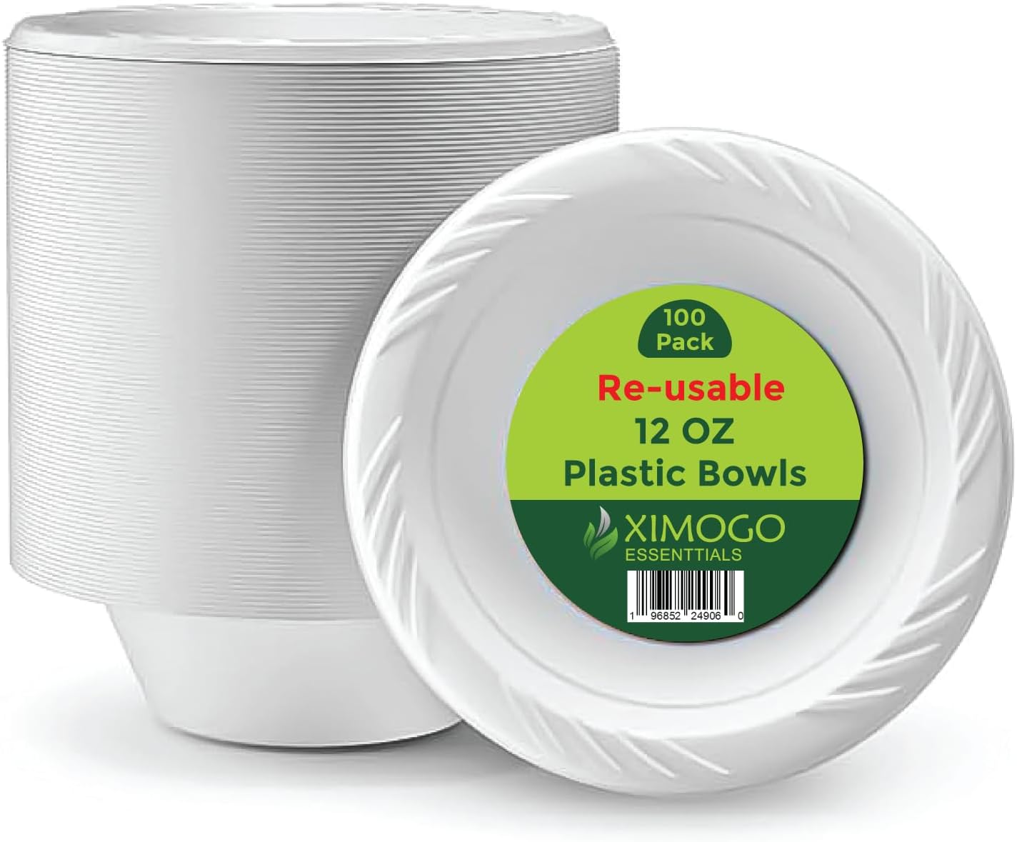 XIMOGO Pack of 100 White Plastic Bowls – 12 OZ, Washable & Reusable –Microwaveable- Perfect for Parties, Dessert, and Picnic Tableware.Reliable,Stackable,Reuseable and Light Plastic Bowls.