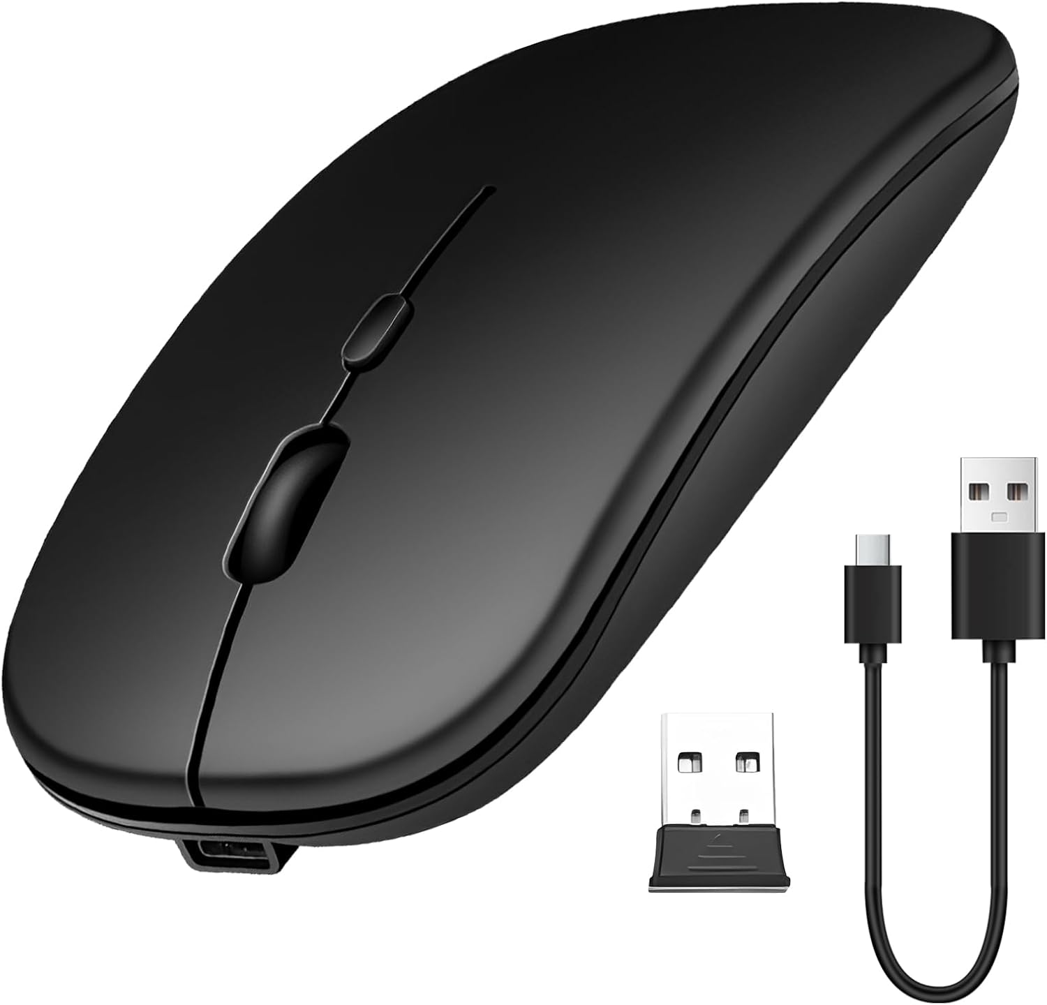 Generic Bluetooth 5.1 & 2.4G Wireless Mouse, Ultra-Thin, Portable, Noiseless, Rechargeable, Compatible with Laptop/Macbook/iPad/iPhone/Android/Windows/Linux, Black