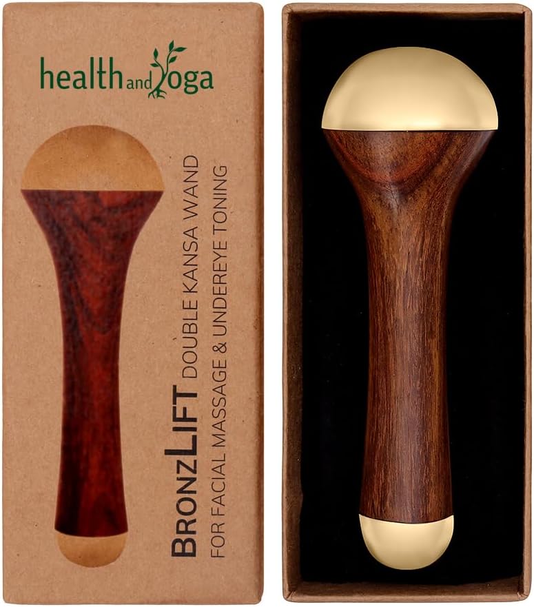 HealthAndYoga™ BronzLift Kansa Wand - Both Side Bronze Cap - Added Beauty Face Oil Vial - Ayurveda Face Yoga Beauty Tool - Facial, Neck & Under-Eye Massage – Toning and Sculpting (Double Dome)