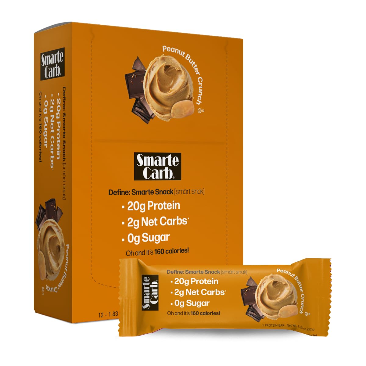 NuGo Smarte Carb 20g Protein 0g Sugar, 2g Net Carbs 160 Calories Brown, Sugar free Peanut Butter Crunch, 12 Count