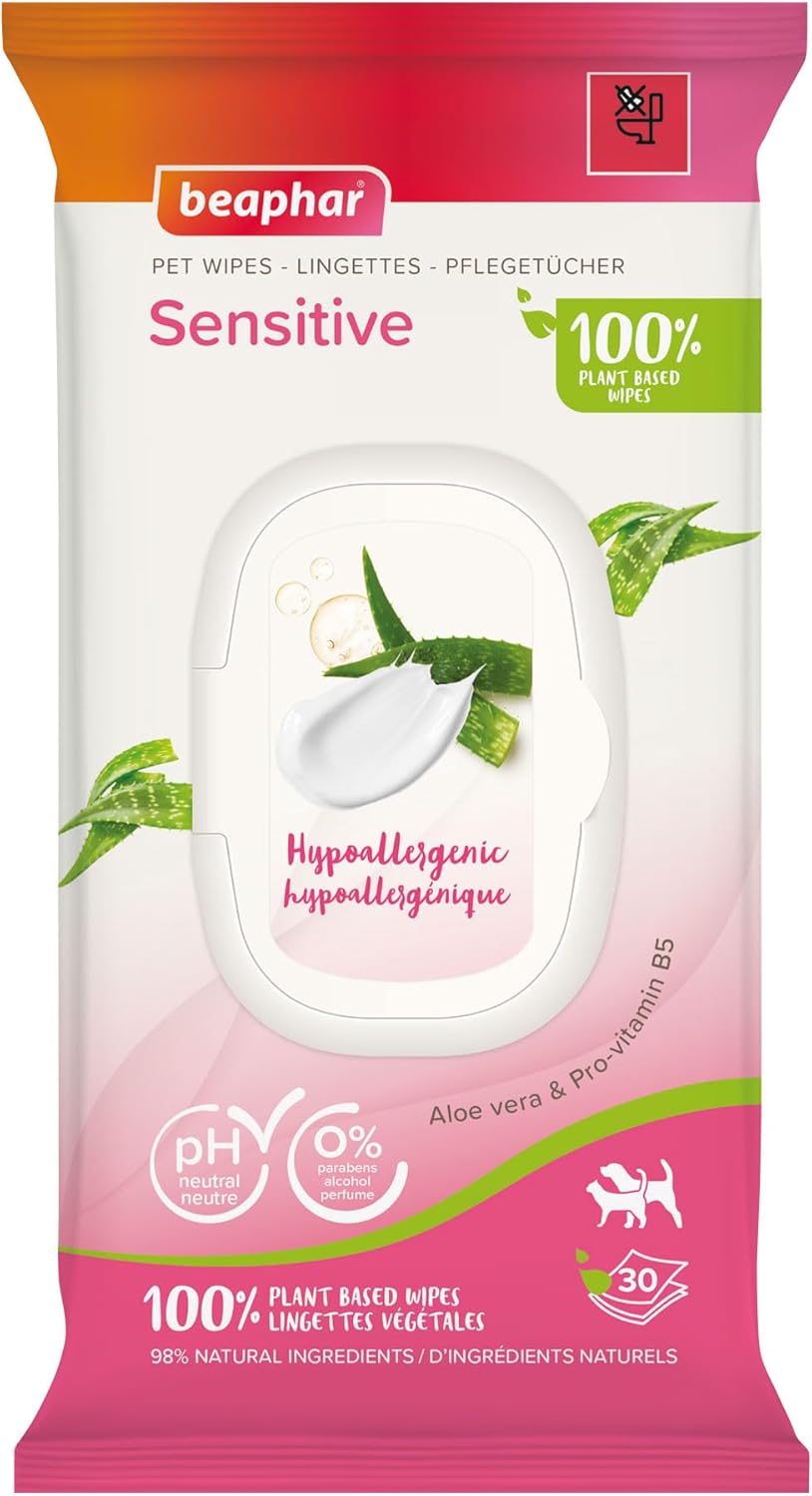 Beaphar - Pet Wipes - Sensitive Grooming Wipes for Cats & Dogs - 100% Plant-Based, Biodegradable Wipes – With Aloe vera –30 Wipes – pH neutral – Hypoallergenic - No perfume, ideal for sensitive skin
