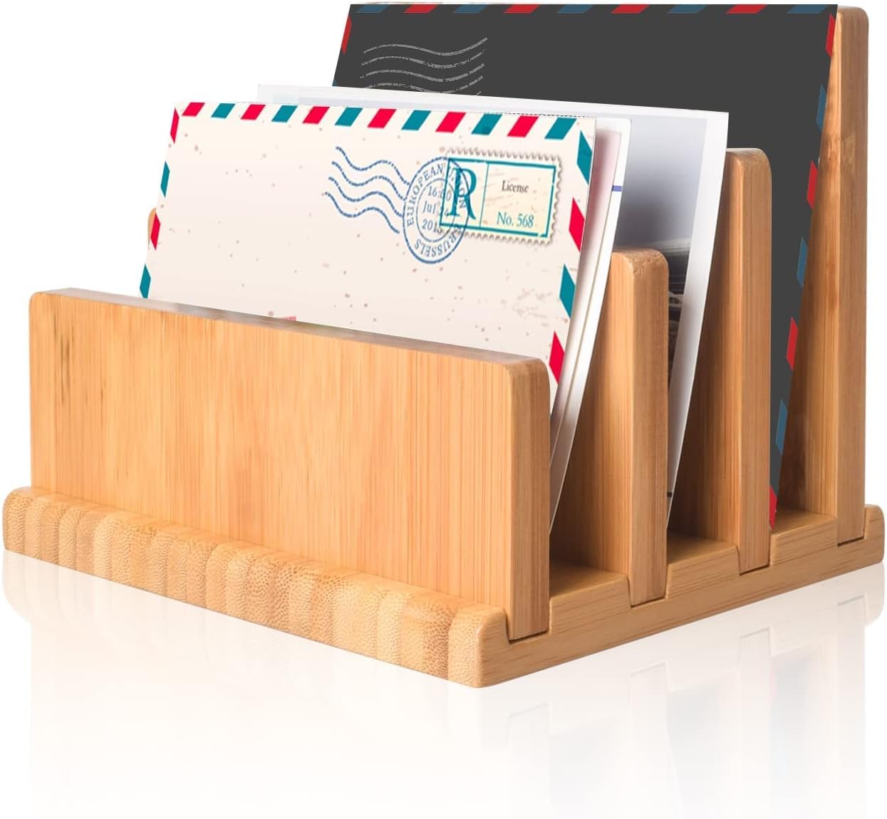 wishacc Bamboo Mail Organizer with Rubber Feets, Vertical Desk Letter/Envelope/File/Paper/Folder/Bill Holder for Office & Home, Small 3 Sections Desktop Office Supplies Incline Sorter Rack