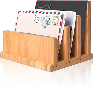 wishacc Bamboo Mail Organizer with Rubber Feets, Vertical Desk Letter/Envelope/File/Paper/Folder/Bill Holder for Office & Home, Small 3 Sections Desktop Office Supplies Incline Sorter Rack