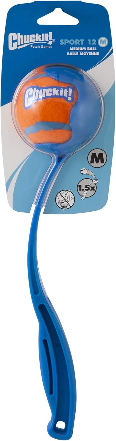 Chuckit! Sport 12M Dog Ball Launcher - Includes a 2.5-inch Diameter Medium Ball for Dogs 20-60 Pounds - Manual Tennis Ball Thrower With a Slim Ergonomic Handle - 12-inch Length Chucker