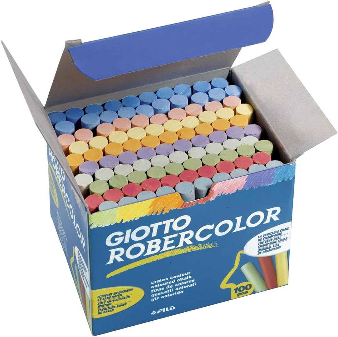 GIOTTO Robercolor Colour Chalk, 100 Assorted Colours x Round Chalk Pack, Dustless & Super Washable, For Children, Parties and Schools