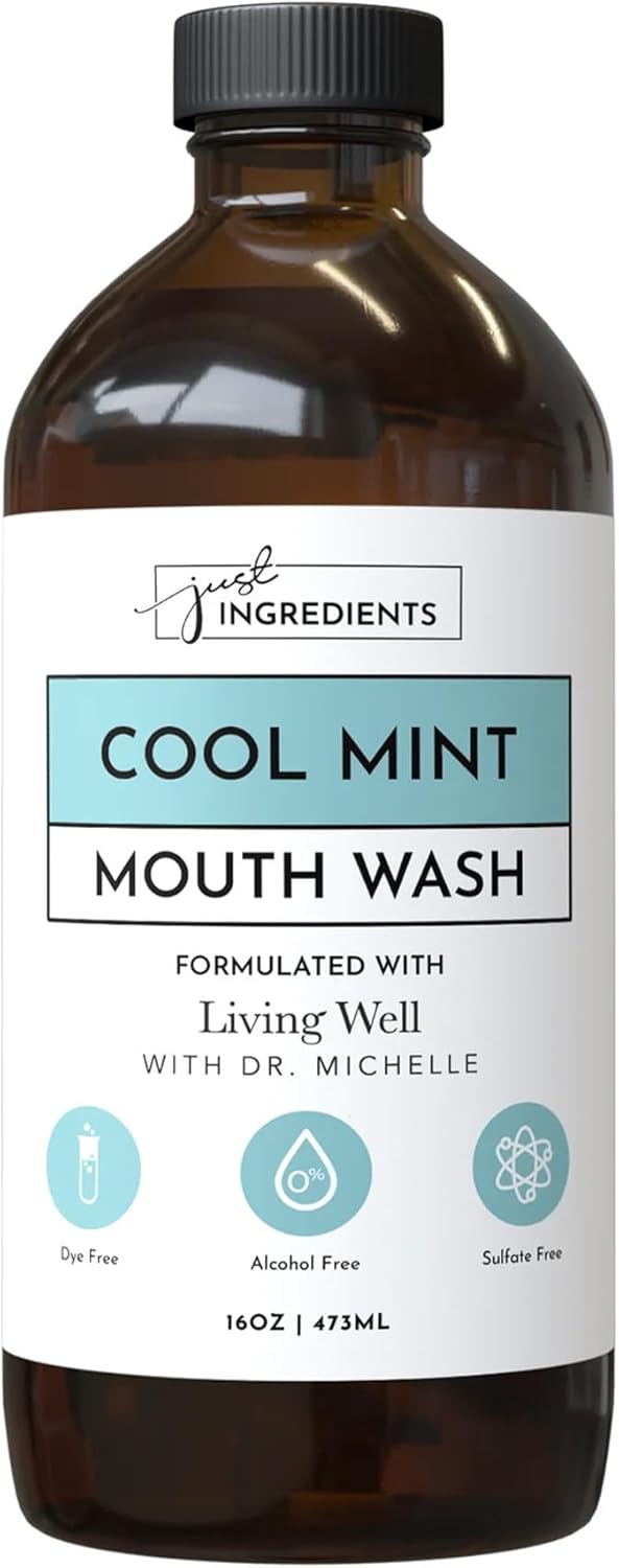 JUST Ingredients Cool Mint Remineralizing Mouthwash | Hydroxyapatite & Colloidal Silver Formula | Alcohol-Free | Fluoride-Free Mouth Rinse