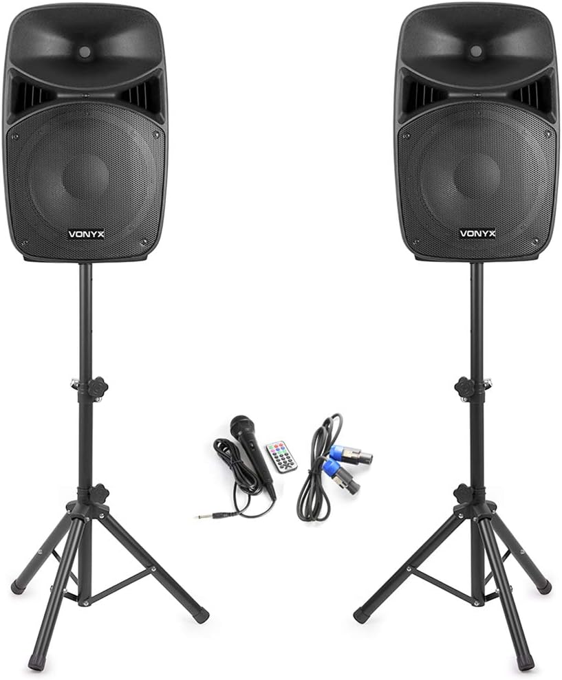 VONYX VPS152A 15-Inch Active Party Speaker System with Bluetooth, Speaker Stands, Wired Microphone & LED Lights – Complete DJ PA System for Karaoke, Events, Parties & Stage Performance