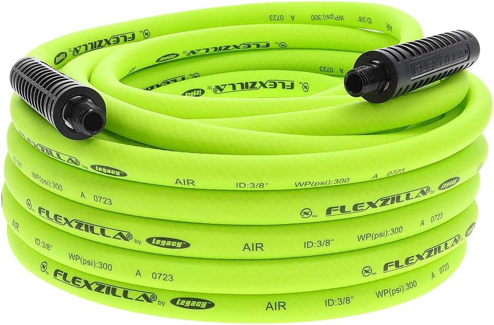 Flexzilla Air Hose, 3/8 in. x 50 ft., 1/4 in. MNPT Fittings, Heavy Duty, Lightweight, Hybrid, ZillaGreen - HFZ3850YW2