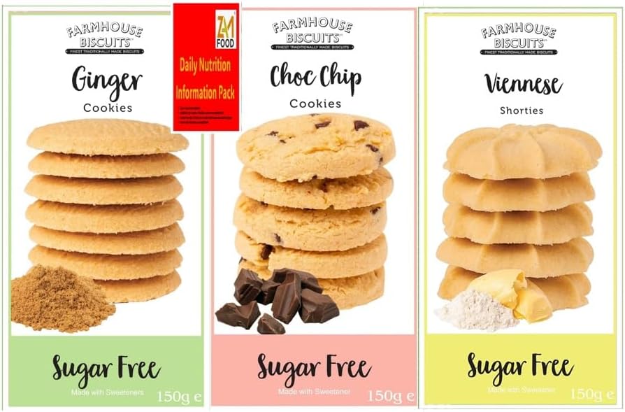 Farmhouse Sugar Free Biscuits For Diabetics Multipack Selection Vareity Box with zamfoods nutrition pack I Pack of 3 I - Viennese Shorties, Ginger & Choc Chip Cookies